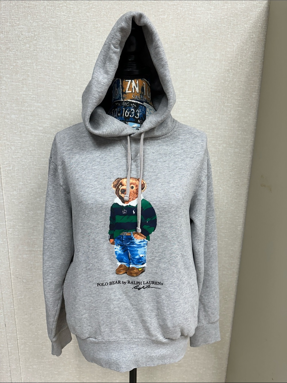 Ralph Lauren Grey Polo Bear Hoodie with Green & Navy Stripe